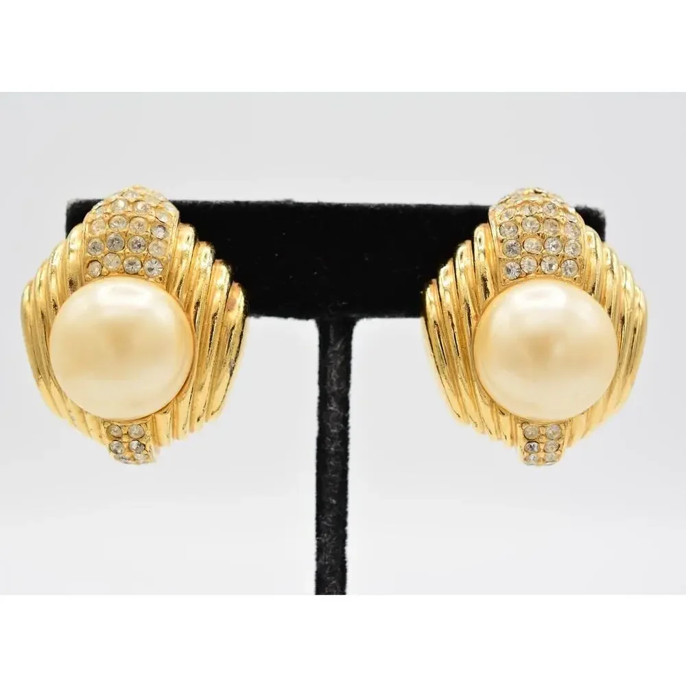 Ciner Vintage Crystal Clip On Earrings Pearl Gold Bold Chunky Heavy Signed BinAG